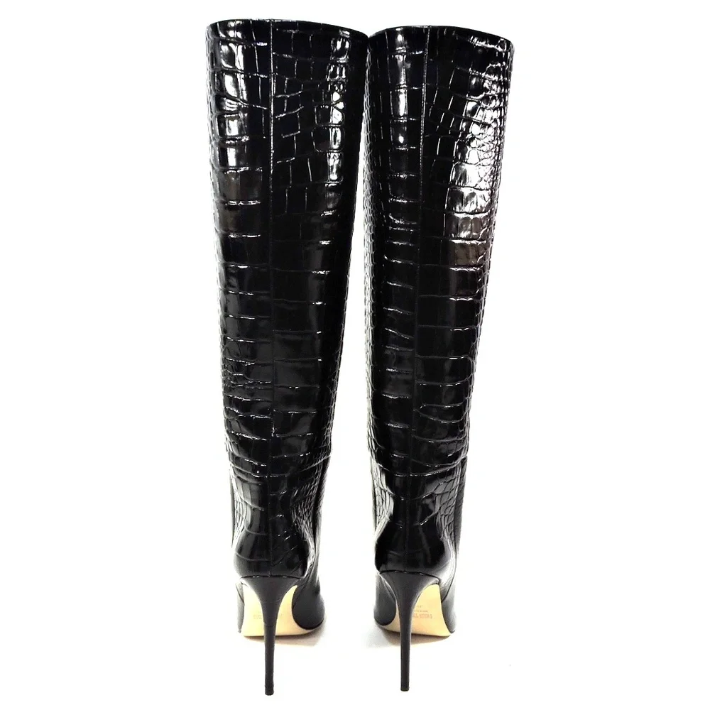 PARIS TEXAS 🇮🇹 WOMEN'S BLACK EMBOSSED CROCO STILETTO FASHION BOOTS - Picture 7 of 9